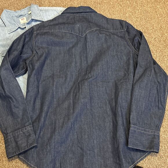 Levis Denim Pearl Snap Shirt Men's Medium Blue Long Sleeve Rancher Western - Picture 11 of 13
